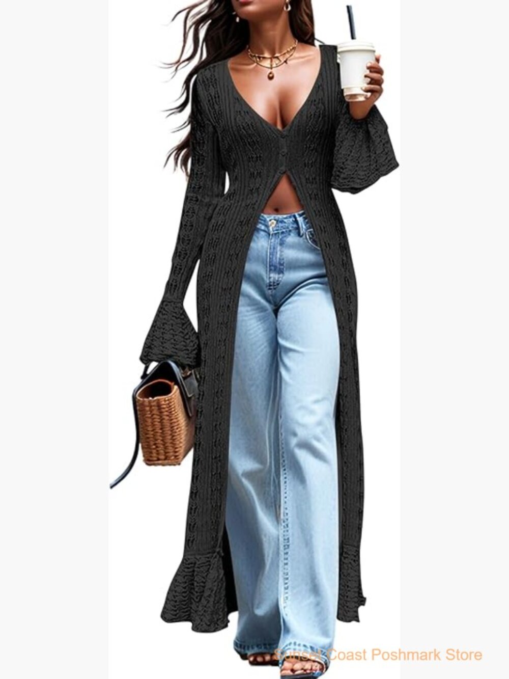 Maxi Long Cardigan Crochet Bell Sleeve Ruffle Beach Cover Up